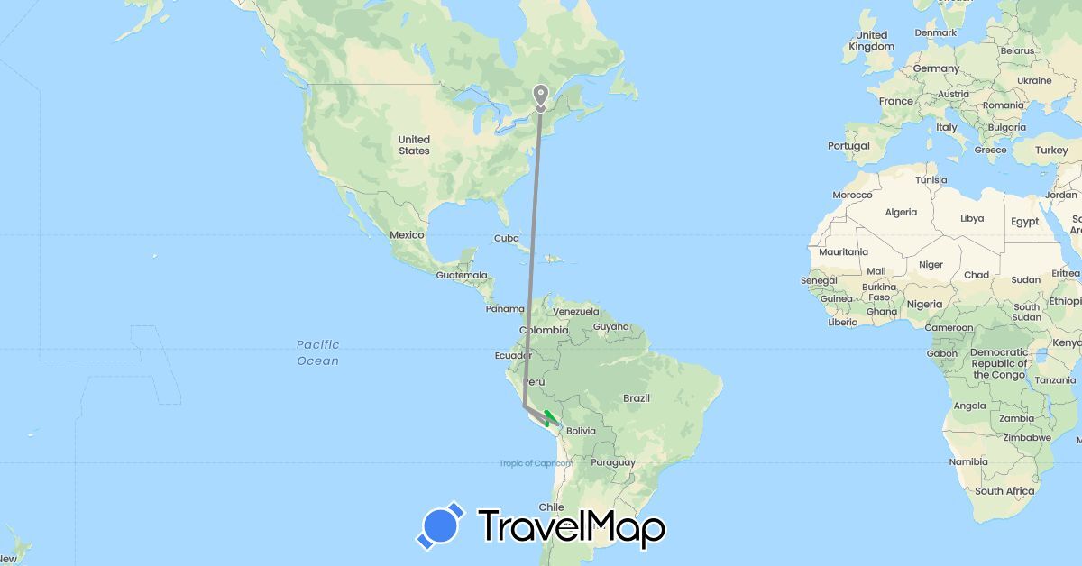 TravelMap itinerary: driving, bus, plane, train in Canada, Peru (North America, South America)
